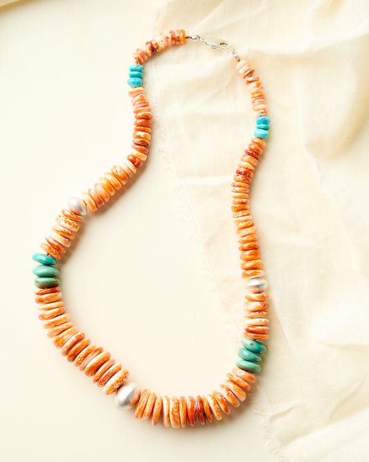 Beaded Spiny Oyster Shell Necklace with Handmade Silver Beads & Turquoise