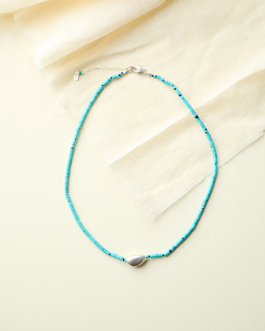 Turquoise Beaded Necklace with Silver Bean